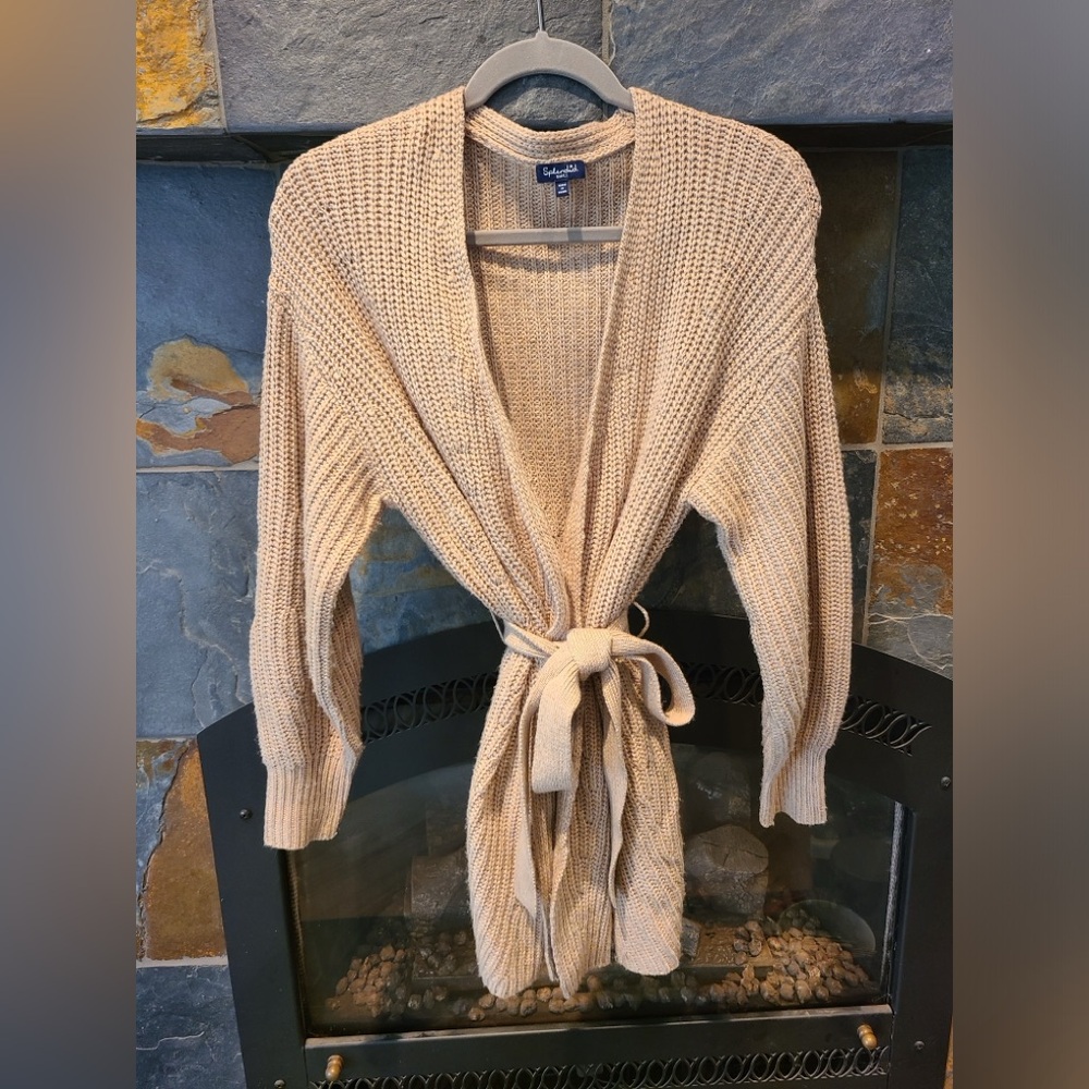 Splendid Camel Brown Tie Front Long Knit Carlyle Wool Blend Wrap Cardigan Small
